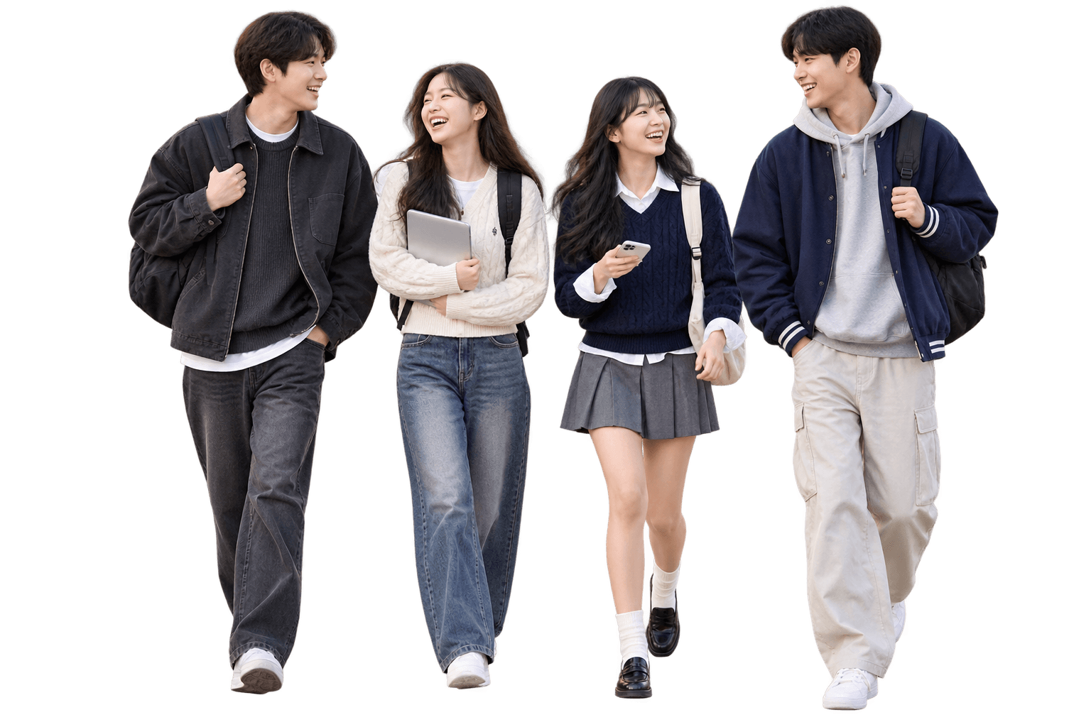 함께 걸으며 대화하는 성인 대학생 네 명의 AI 연출 이미지