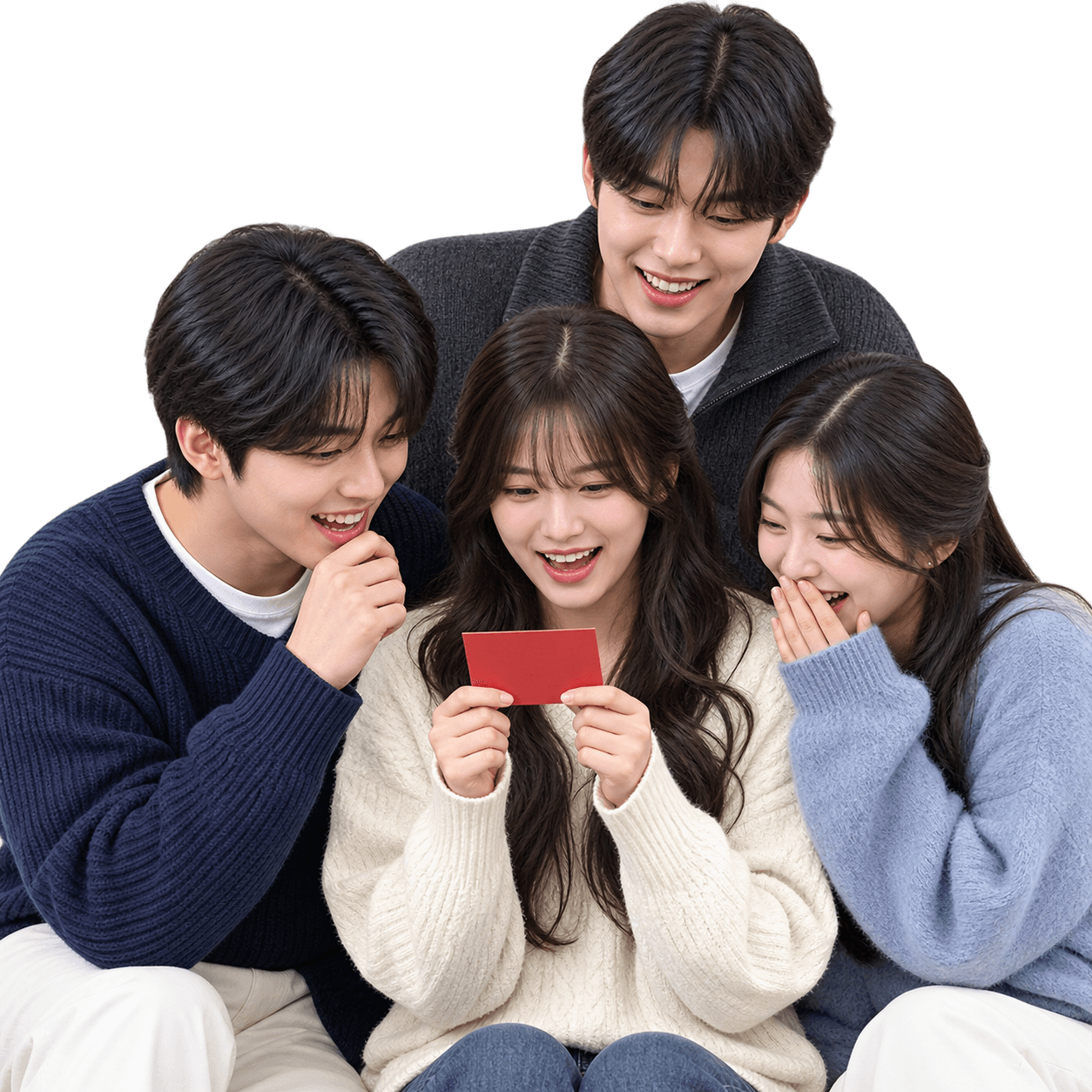 마니또 미션 카드를 함께 확인하는 성인 대학생 네 명의 AI 연출 이미지
