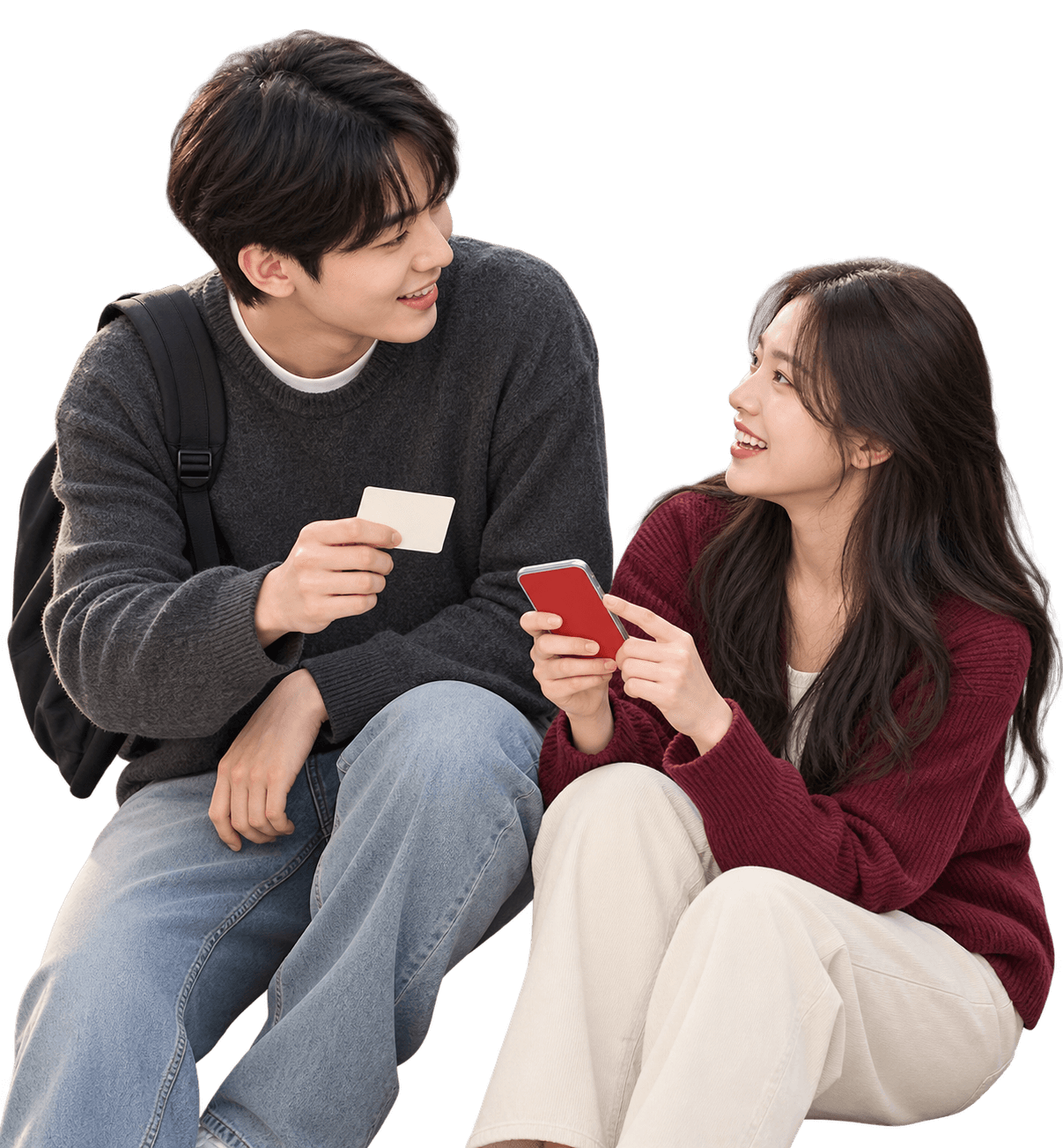 질문 카드와 휴대폰을 보며 대화하는 성인 대학생 두 명의 AI 연출 이미지